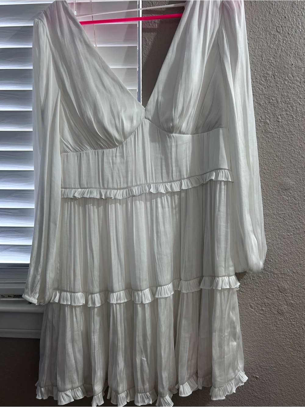 David's Bridal White Long-Sleeve V-Neck Tiered Ruffle Mini Dress